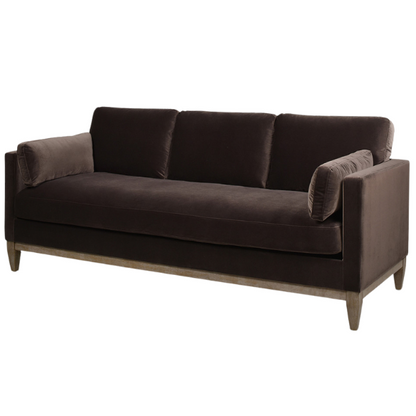 Dark brown velvet 3-seater sofa with feather-down cushions, square track arms, and natural wood legs, perfect for modern or traditional interiors.

