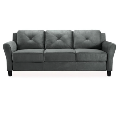 Modern 3-seater sofa upholstered in dark grey microfiber with tufted back cushions, flared arms, and a durable eucalyptus wood frame – ideal for contemporary or transitional living spaces

