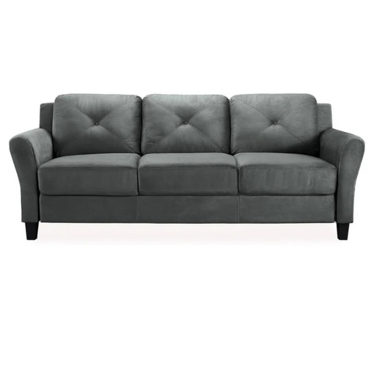 Modern 3-seater sofa upholstered in dark grey microfiber with tufted back cushions, flared arms, and a durable eucalyptus wood frame – ideal for contemporary or transitional living spaces

