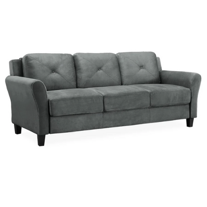 Modern 3-seater sofa upholstered in dark grey microfiber with tufted back cushions, flared arms, and a durable eucalyptus wood frame – ideal for contemporary or transitional living spaces

