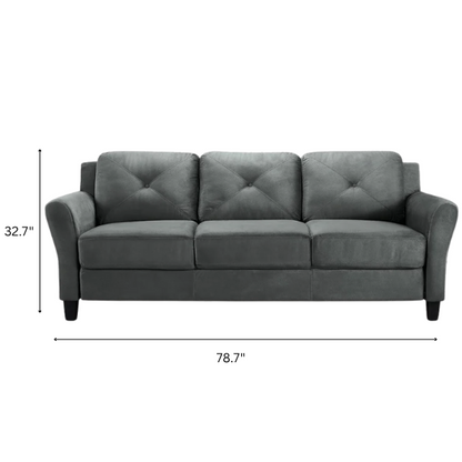 Modern 3-seater sofa upholstered in dark grey microfiber with tufted back cushions, flared arms, and a durable eucalyptus wood frame – ideal for contemporary or transitional living spaces

