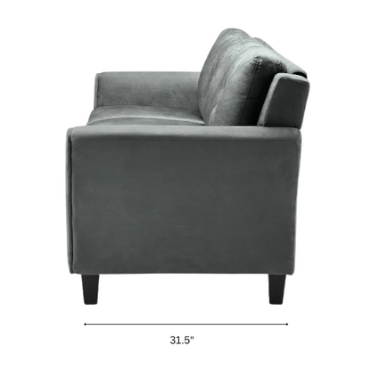 Modern 3-seater sofa upholstered in dark grey microfiber with tufted back cushions, flared arms, and a durable eucalyptus wood frame – ideal for contemporary or transitional living spaces

