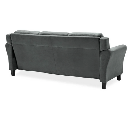 Modern 3-seater sofa upholstered in dark grey microfiber with tufted back cushions, flared arms, and a durable eucalyptus wood frame – ideal for contemporary or transitional living spaces

