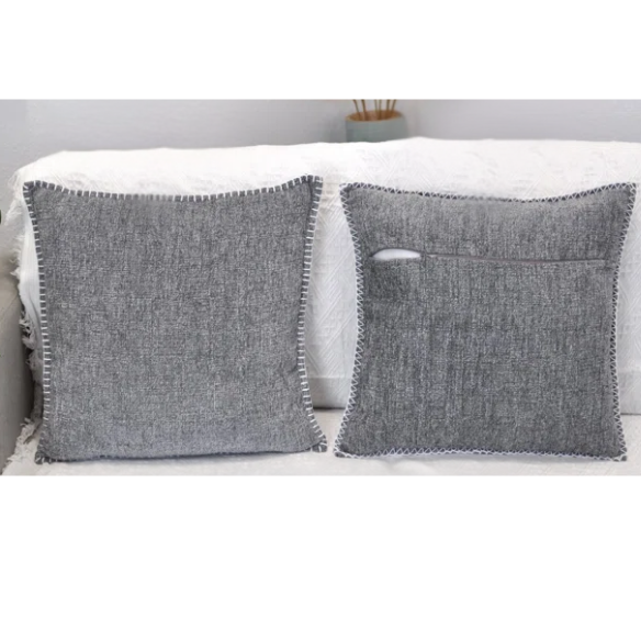 Set of 2 dark grey chenille throw pillow covers with hidden zippers and velvet texture – 20x20 inch reversible decorative cushion covers for modern and farmhouse décor