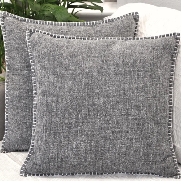 Set of 2 dark grey chenille throw pillow covers with hidden zippers and velvet texture – 20x20 inch reversible decorative cushion covers for modern and farmhouse décor