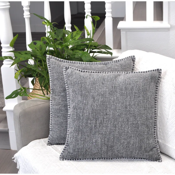 Set of 2 dark grey chenille throw pillow covers with hidden zippers and velvet texture – 20x20 inch reversible decorative cushion covers for modern and farmhouse décor