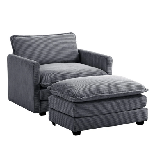 Dark grey corduroy accent chair with matching ottoman, featuring soft high-pile fabric, high-resilience foam cushions, and a sturdy metal and wood frame.
