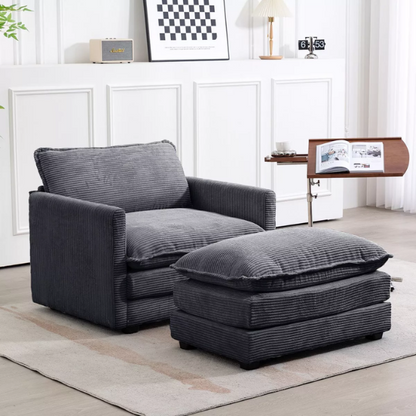 Dark grey corduroy accent chair with matching ottoman, featuring soft high-pile fabric, high-resilience foam cushions, and a sturdy metal and wood frame.