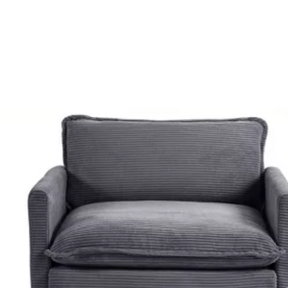 Dark grey corduroy accent chair with matching ottoman, featuring soft high-pile fabric, high-resilience foam cushions, and a sturdy metal and wood frame.