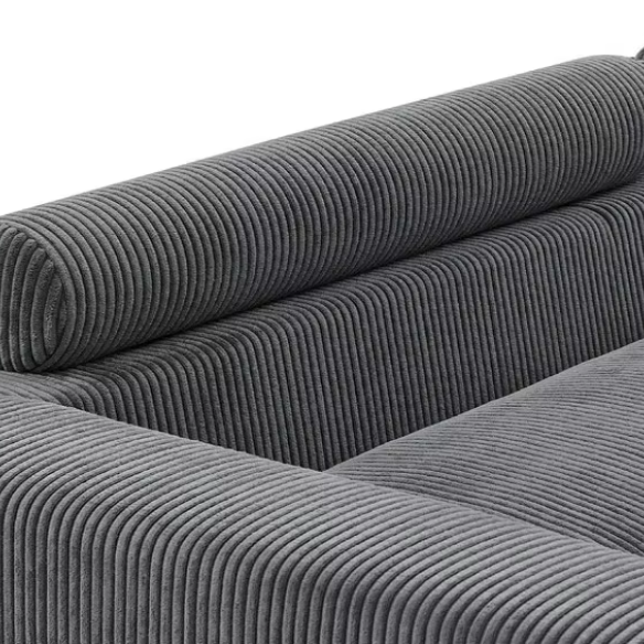 Dark grey corduroy convertible sleeper sofa with adjustable headrest, twin bed functionality, and mid-century modern wood legs