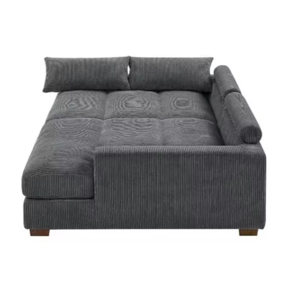 Dark grey corduroy convertible sleeper sofa with adjustable headrest, twin bed functionality, and mid-century modern wood legs