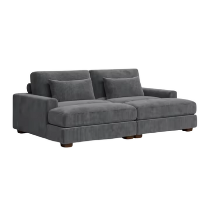 Dark grey corduroy convertible sleeper sofa with adjustable headrest, twin bed functionality, and mid-century modern wood legs