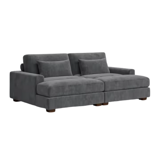 Dark grey corduroy convertible sleeper sofa with adjustable headrest, twin bed functionality, and mid-century modern wood legs