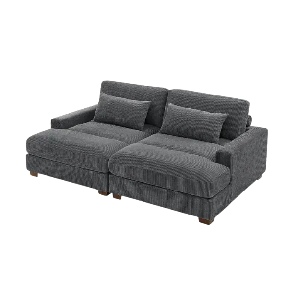 Dark grey corduroy convertible sleeper sofa with adjustable headrest, twin bed functionality, and mid-century modern wood legs