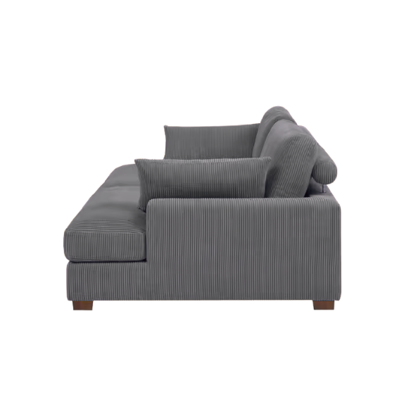 Dark grey corduroy convertible sleeper sofa with adjustable headrest, twin bed functionality, and mid-century modern wood legs