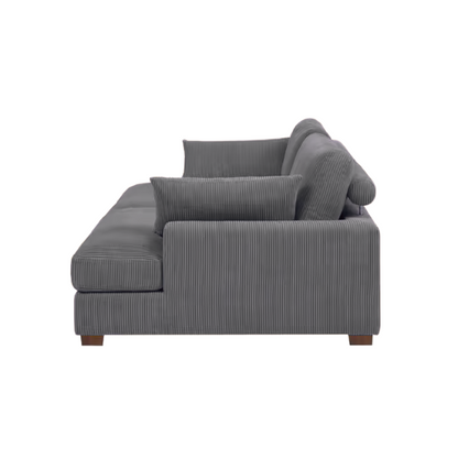 Dark grey corduroy convertible sleeper sofa with adjustable headrest, twin bed functionality, and mid-century modern wood legs