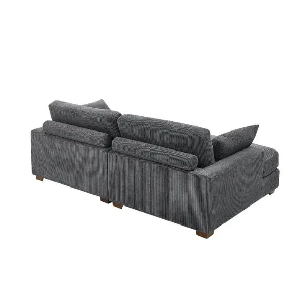Dark grey corduroy convertible sleeper sofa with adjustable headrest, twin bed functionality, and mid-century modern wood legs