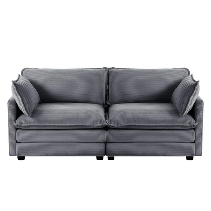 Dark grey corduroy loveseat sofa with plush upholstery, modern track arms, and two-person seating—ideal for small spaces, living rooms, or home offices.