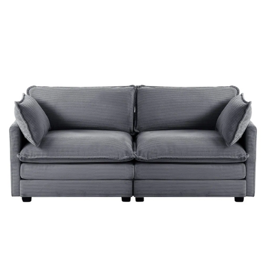 Dark grey corduroy loveseat sofa with plush upholstery, modern track arms, and two-person seating—ideal for small spaces, living rooms, or home offices.