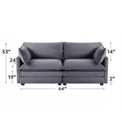 Dark grey corduroy loveseat sofa with plush upholstery, modern track arms, and two-person seating—ideal for small spaces, living rooms, or home offices.