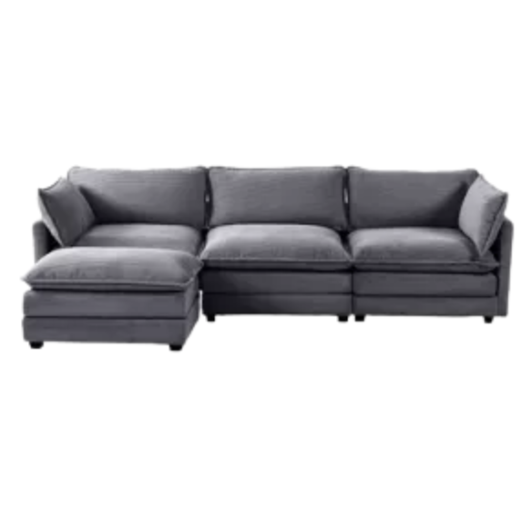 Three-Seater Dark Grey Corduroy Modular Sectional Sofa with Ottoman – Modern L-shaped configuration, soft high-pile fleece upholstery, pet-friendly, and customizable for small or large living spaces.