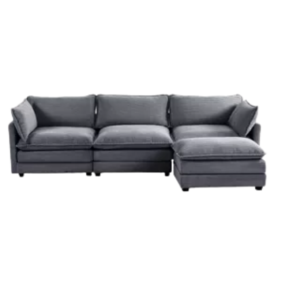 Three-Seater Dark Grey Corduroy Modular Sectional Sofa with Ottoman – Modern L-shaped configuration, soft high-pile fleece upholstery, pet-friendly, and customizable for small or large living spaces.