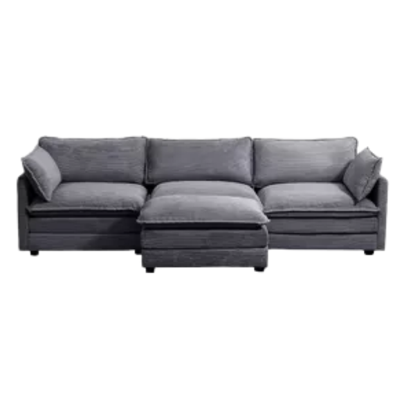 Three-Seater Dark Grey Corduroy Modular Sectional Sofa with Ottoman – Modern L-shaped configuration, soft high-pile fleece upholstery, pet-friendly, and customizable for small or large living spaces.