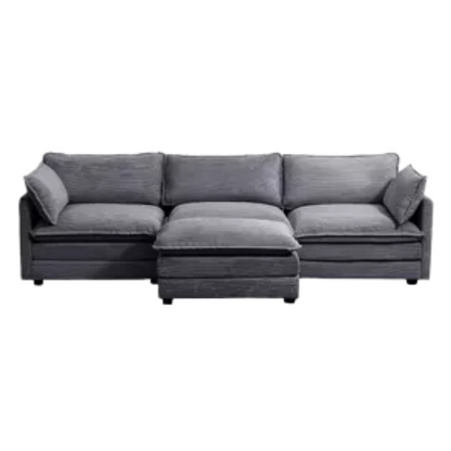 Three-Seater Dark Grey Corduroy Modular Sectional Sofa with Ottoman – Modern L-shaped configuration, soft high-pile fleece upholstery, pet-friendly, and customizable for small or large living spaces.