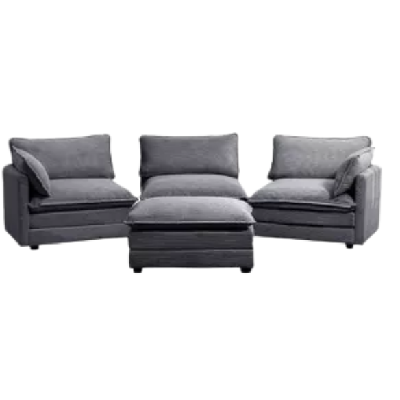 Three-Seater Dark Grey Corduroy Modular Sectional Sofa with Ottoman – Modern L-shaped configuration, soft high-pile fleece upholstery, pet-friendly, and customizable for small or large living spaces.