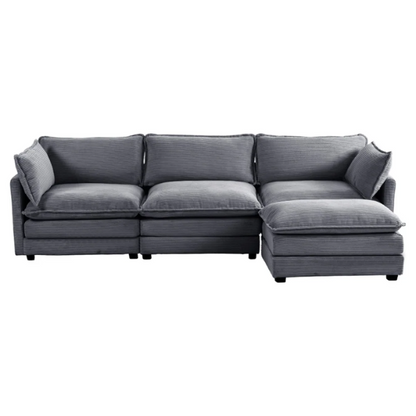 Three-Seater Dark Grey Corduroy Modular Sectional Sofa with Ottoman – Modern L-shaped configuration, soft high-pile fleece upholstery, pet-friendly, and customizable for small or large living spaces.