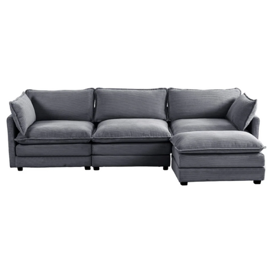 Three-Seater Dark Grey Corduroy Modular Sectional Sofa with Ottoman – Modern L-shaped configuration, soft high-pile fleece upholstery, pet-friendly, and customizable for small or large living spaces.
