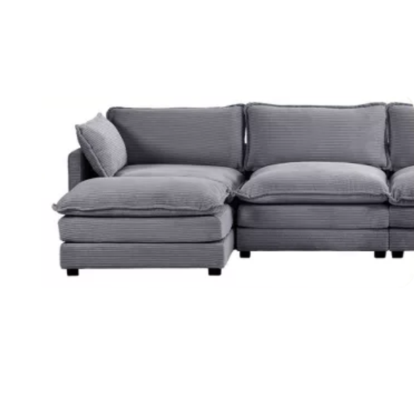 Three-Seater Dark Grey Corduroy Modular Sectional Sofa with Ottoman – Modern L-shaped configuration, soft high-pile fleece upholstery, pet-friendly, and customizable for small or large living spaces.