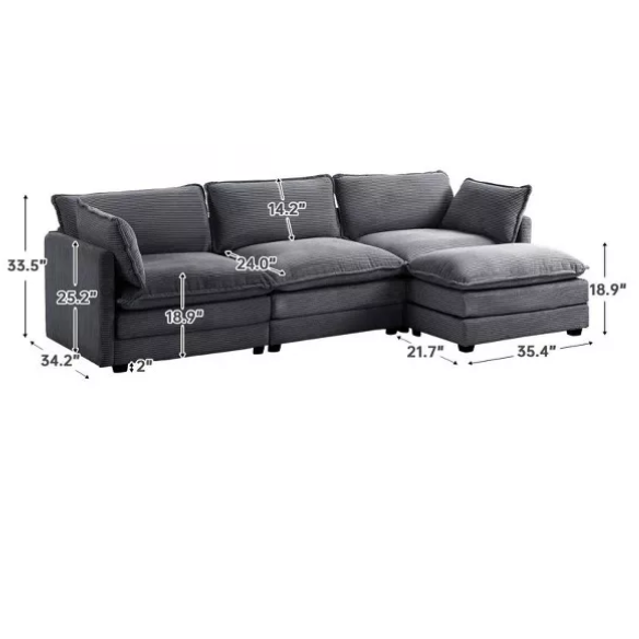 Three-Seater Dark Grey Corduroy Modular Sectional Sofa with Ottoman – Modern L-shaped configuration, soft high-pile fleece upholstery, pet-friendly, and customizable for small or large living spaces.