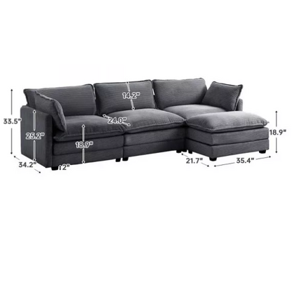 Three-Seater Dark Grey Corduroy Modular Sectional Sofa with Ottoman – Modern L-shaped configuration, soft high-pile fleece upholstery, pet-friendly, and customizable for small or large living spaces.