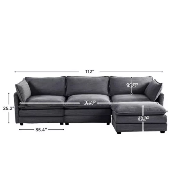 Three-Seater Dark Grey Corduroy Modular Sectional Sofa with Ottoman – Modern L-shaped configuration, soft high-pile fleece upholstery, pet-friendly, and customizable for small or large living spaces.