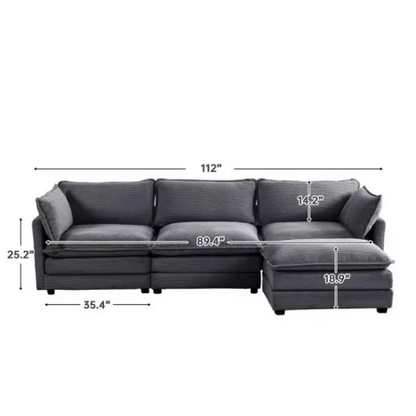 Three-Seater Dark Grey Corduroy Modular Sectional Sofa with Ottoman – Modern L-shaped configuration, soft high-pile fleece upholstery, pet-friendly, and customizable for small or large living spaces.