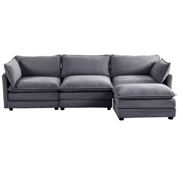 Three-Seater Dark Grey Corduroy Modular Sectional Sofa with Ottoman – Modern L-shaped configuration, soft high-pile fleece upholstery, pet-friendly, and customizable for small or large living spaces.