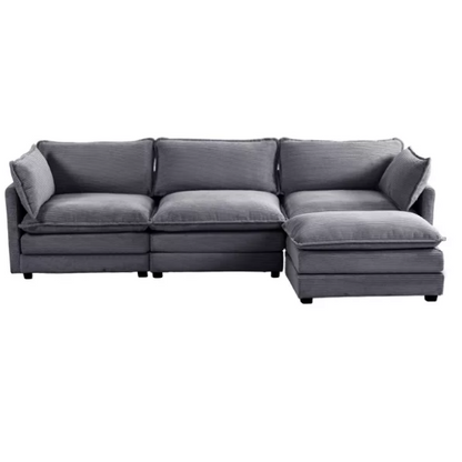 Three-Seater Dark Grey Corduroy Modular Sectional Sofa with Ottoman – Modern L-shaped configuration, soft high-pile fleece upholstery, pet-friendly, and customizable for small or large living spaces.