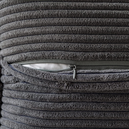 Dark grey corduroy pillow cover with geometric striped pattern, square shape, modern design, ideal for sofas, offices, and outdoor patios. Machine washable and eco-friendly.