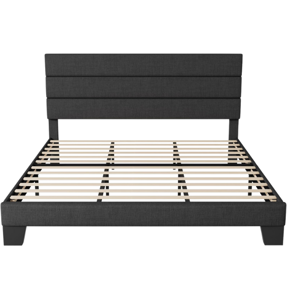 Dark grey king-size upholstered platform bed with padded headboard, slat support system, and no box spring needed

