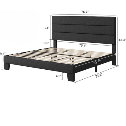 Dark grey king-size upholstered platform bed with padded headboard, slat support system, and no box spring needed

