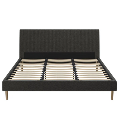 Dark grey linen upholstered king-size platform bed with rectangular headboard, wood slats, and no box spring required.

