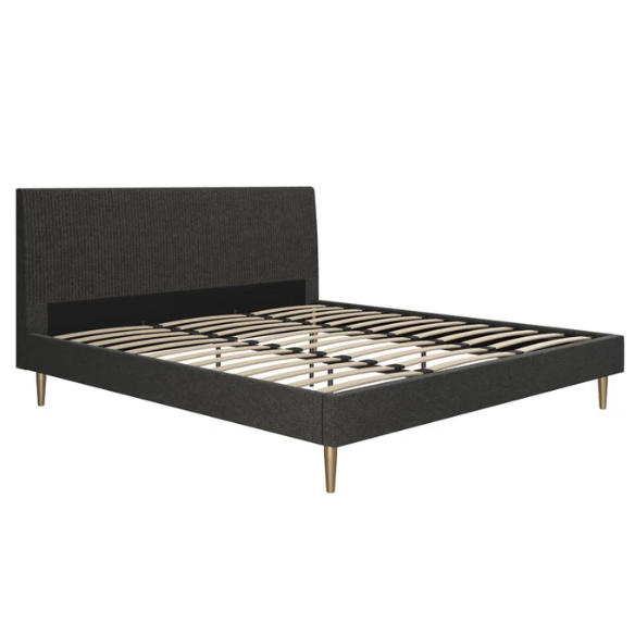 Dark grey linen upholstered king-size platform bed with rectangular headboard, wood slats, and no box spring required.

