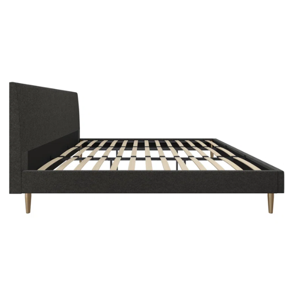 Dark grey linen upholstered king-size platform bed with rectangular headboard, wood slats, and no box spring required.


