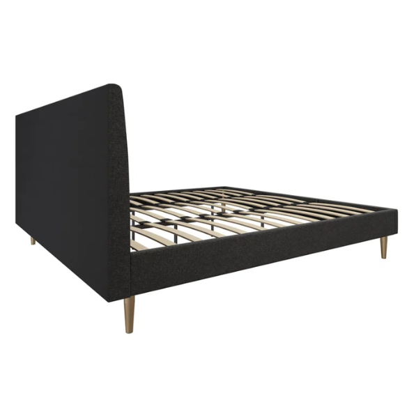 Dark grey linen upholstered king-size platform bed with rectangular headboard, wood slats, and no box spring required.

