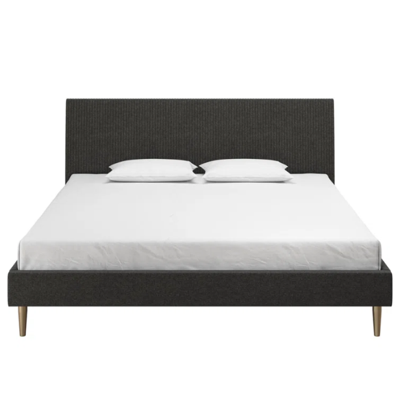 Dark grey linen upholstered king-size platform bed with rectangular headboard, wood slats, and no box spring required.

