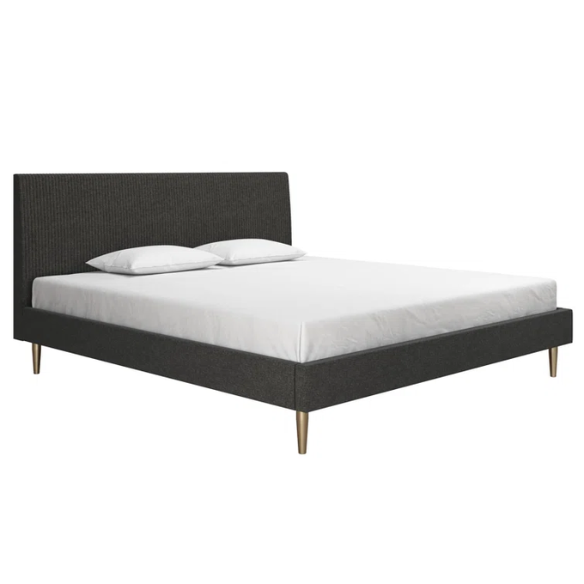 Dark grey linen upholstered king-size platform bed with rectangular headboard, wood slats, and no box spring required.

