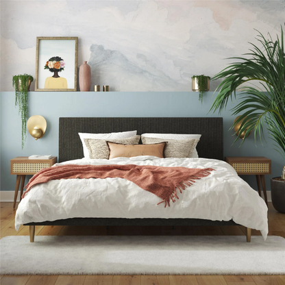 Dark grey linen upholstered king-size platform bed with rectangular headboard, wood slats, and no box spring required.

