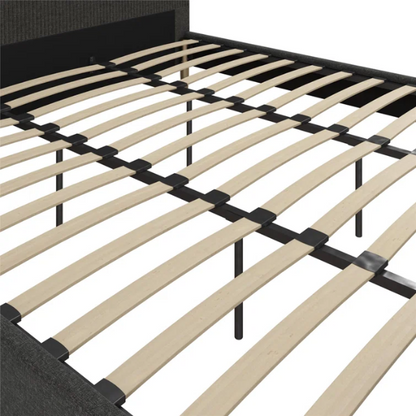 Dark grey linen upholstered king-size platform bed with rectangular headboard, wood slats, and no box spring required.

