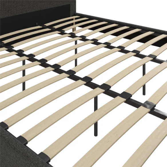 Dark grey linen upholstered king-size platform bed with rectangular headboard, wood slats, and no box spring required.

